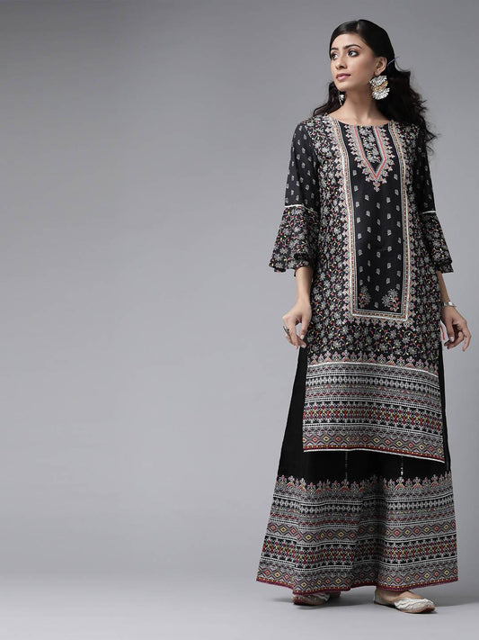 Buy_Women's_Black_Cambric_Floral_Print_High-Low_Kurta_Palazzo_Set_With_Mask_Online_Trendia