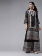 Buy_Women's_Black_Cambric_Floral_Print_High-Low_Kurta_Palazzo_Set_With_Mask_Online_Trendia