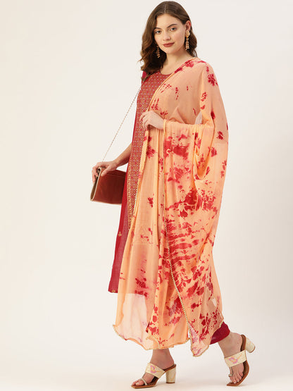 Women's Maroon Cotton Blend Panelled Printed Straight Kurta Trouser Set With Dupatta