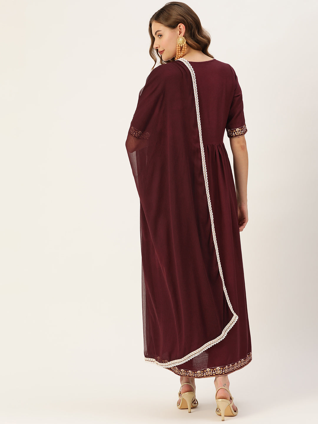 Women's Wine Rayon Panelled Printed A-Line Kurta Trouser Set With Dupatta