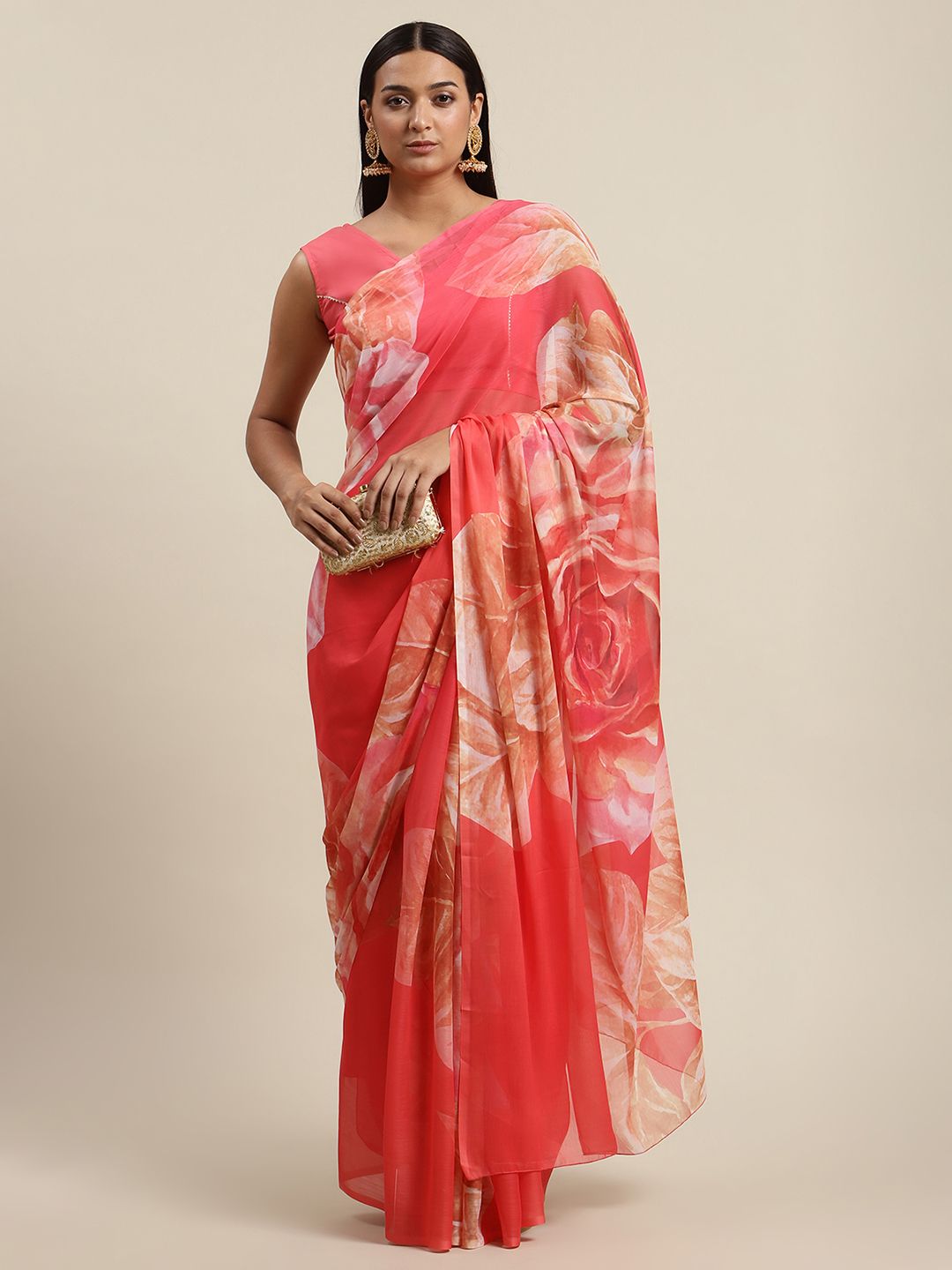 Women's Pink Colour Chiffon Digital Print Floral Saree