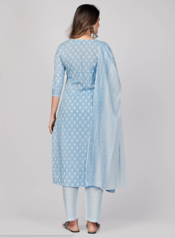 Women's Printed & Embroidered Straight Cotton Sky Blue Stitched Kurta Pant With Dupatta (3Pcs Set)