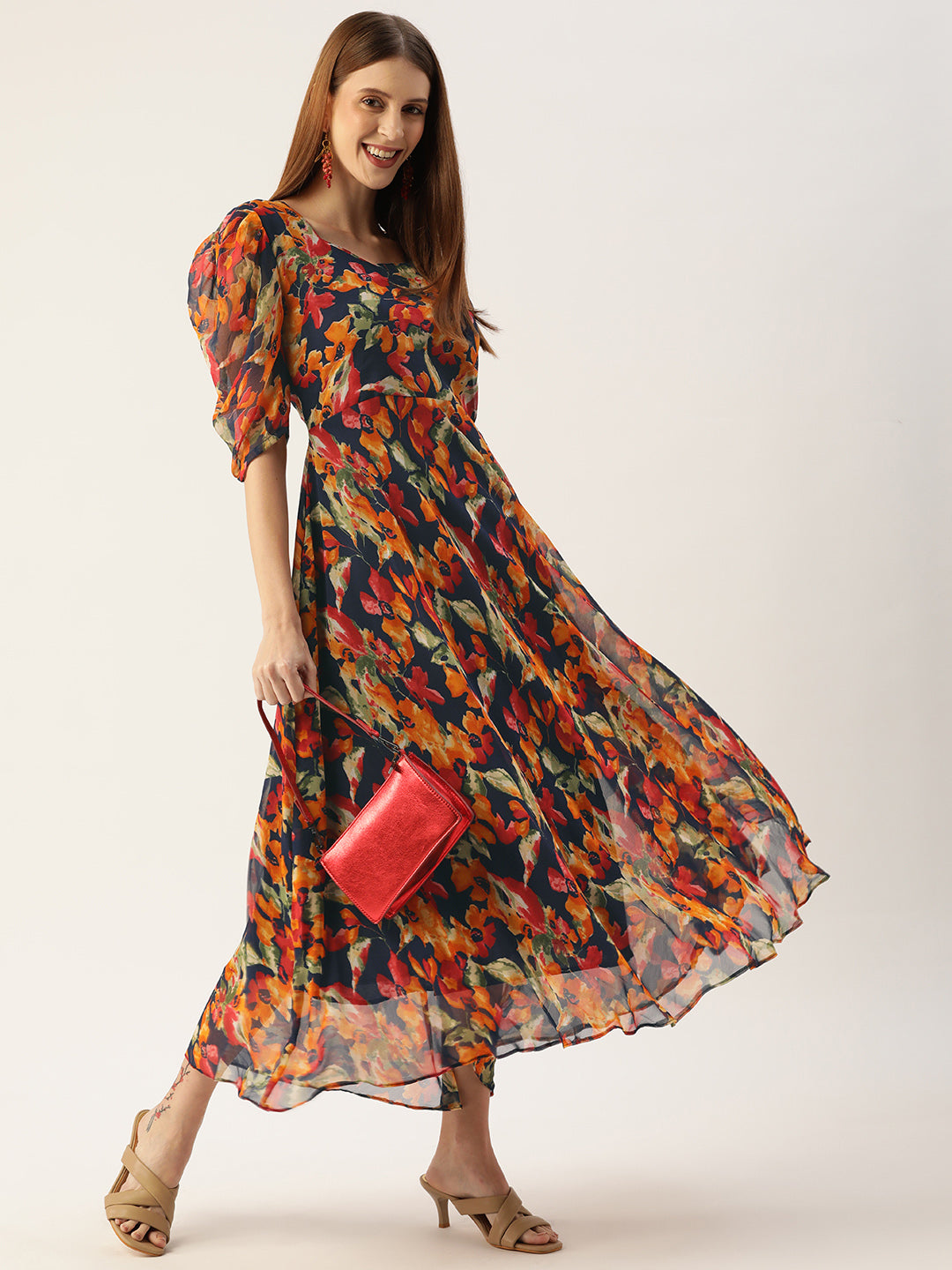 Women's Blue Color Gerogette Printed A-Line Flared Dress