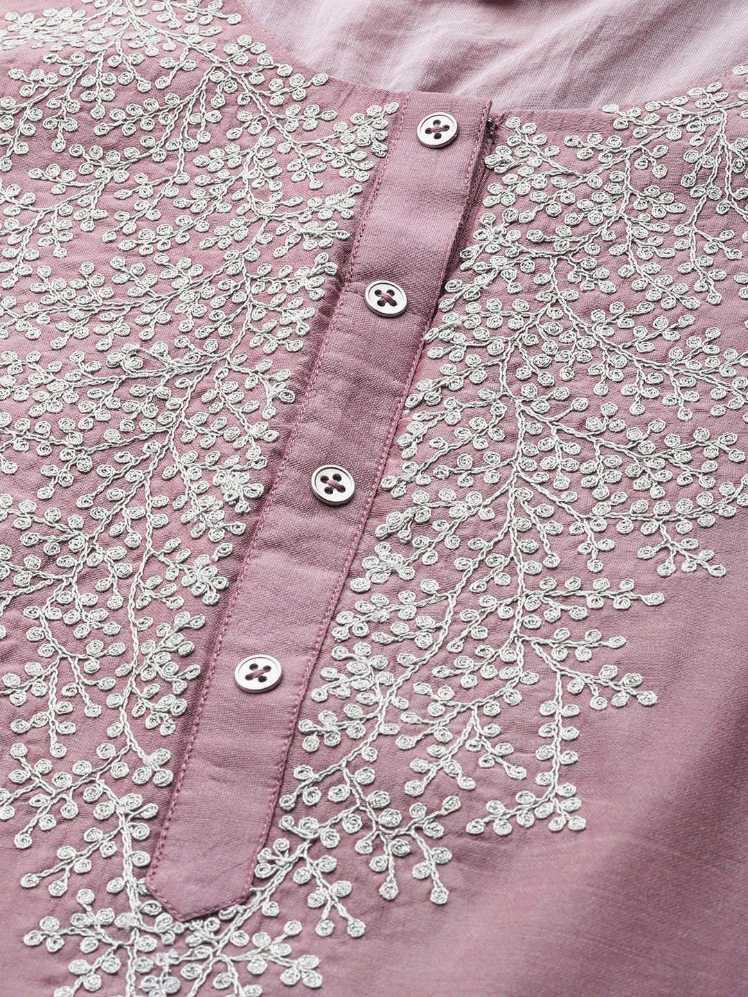 Women's Mauve Zari Yoke Design Chanderi Silk Kurta With Trousers & Dupatta