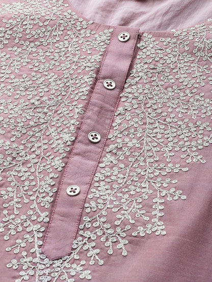 Women's Mauve Zari Yoke Design Chanderi Silk Kurta With Trousers & Dupatta