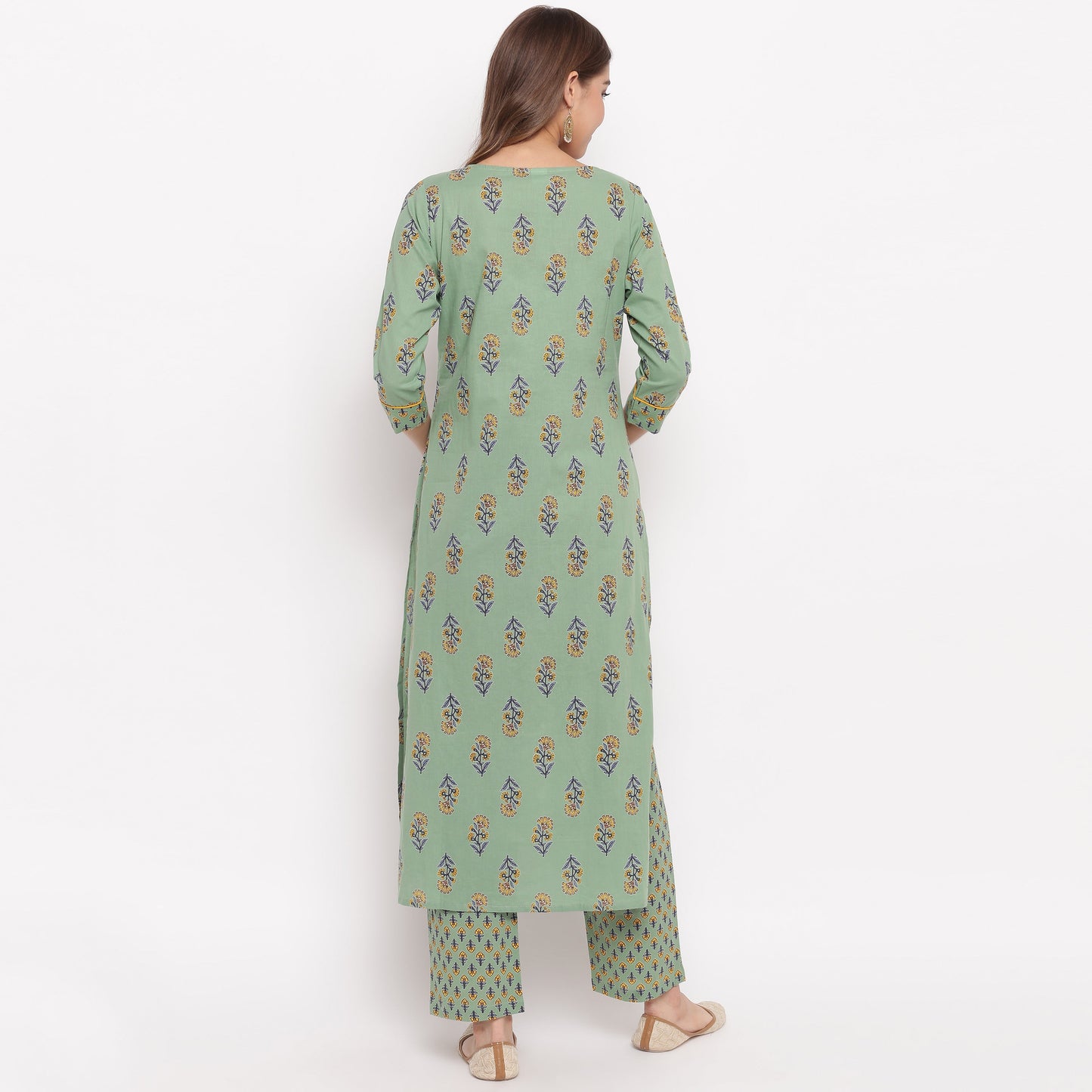 Women's Floral Print Straight Cotton Pista Kurta With Palazzo