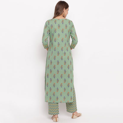 Women's Floral Print Straight Cotton Pista Kurta With Palazzo