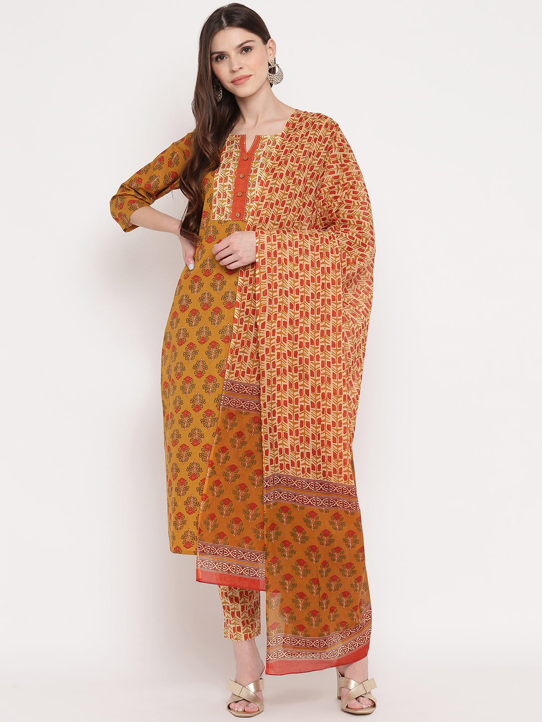 Women's Yellow Floral Printed Kurta With Pants & Dupatta By Vbuyz (3