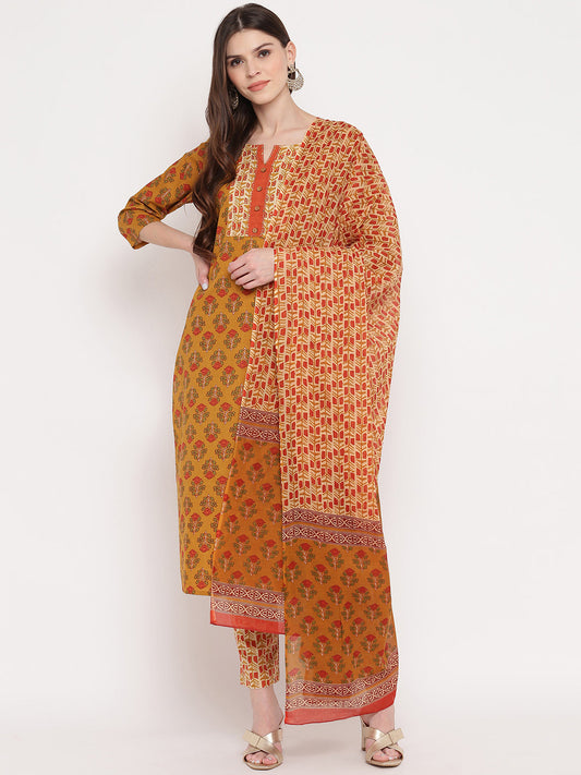 Women's Yellow Floral Printed Kurta With Pants & Dupatta By Vbuyz (3