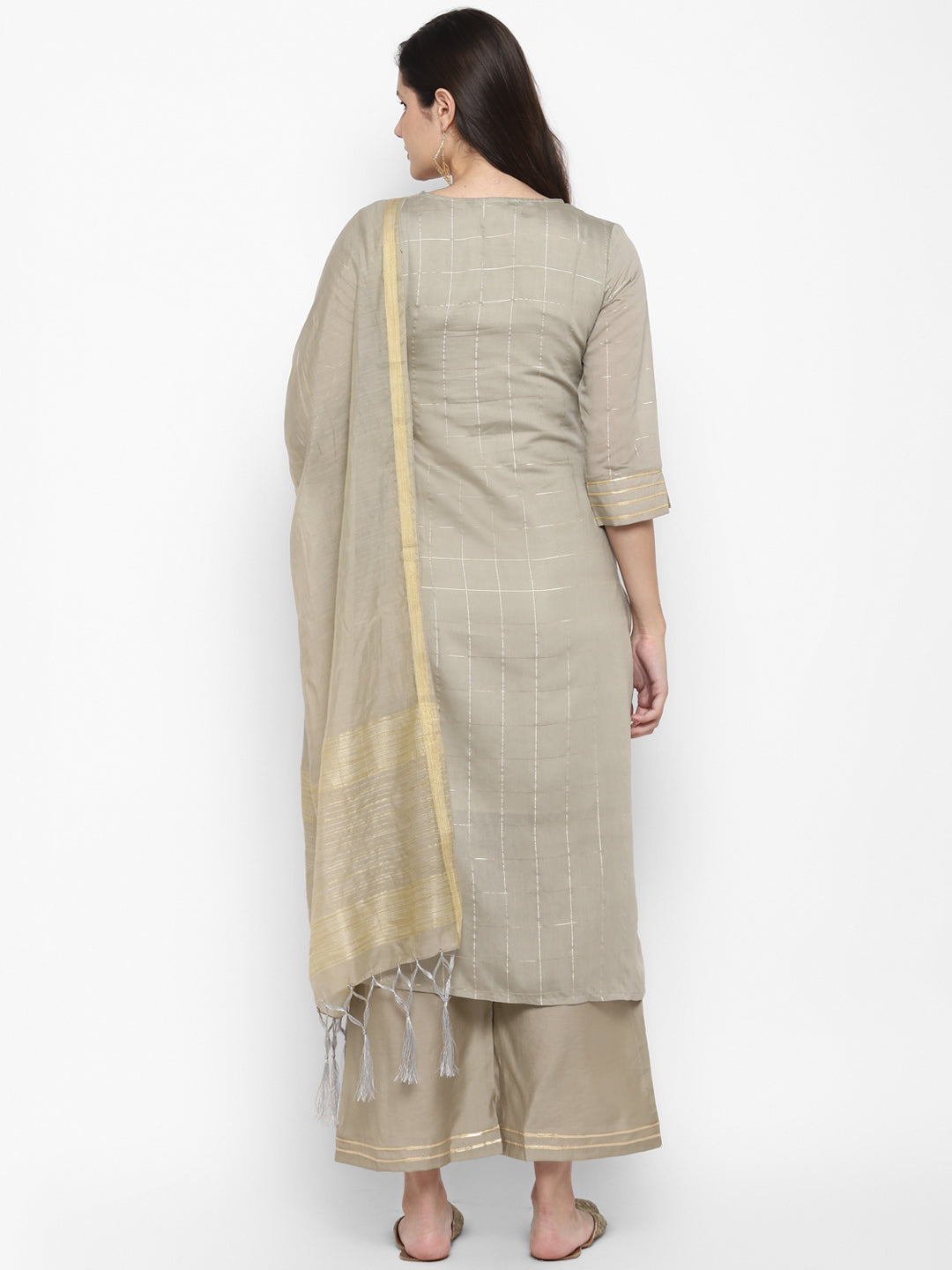 Women's Grey Color Chanderi Silk Embroidered Straight Kurta Palazzo With Dupatta
