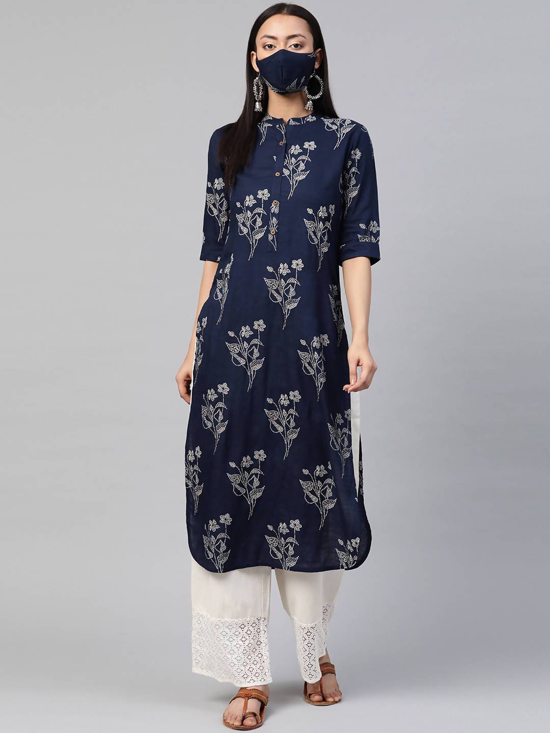 Buy_Women's_Indigo_Rayon_Slub_Bandhani_Straight_Kurta_With_Mask_Online_Trendia
