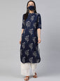Buy_Women's_Indigo_Rayon_Slub_Bandhani_Straight_Kurta_With_Mask_Online_Trendia