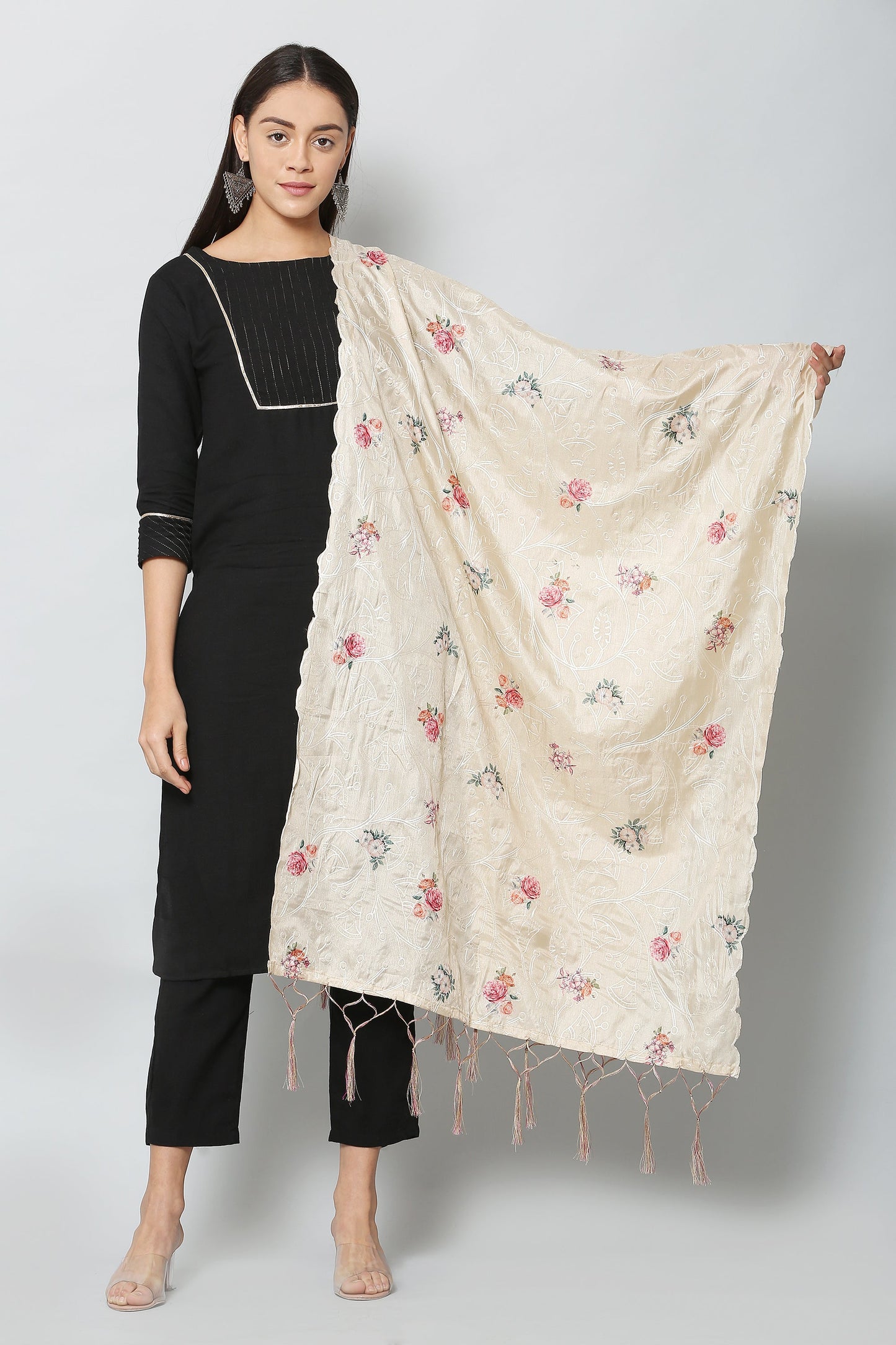 Women's Fown Color Art Silk Embroidery and Digital Printed Dupatta