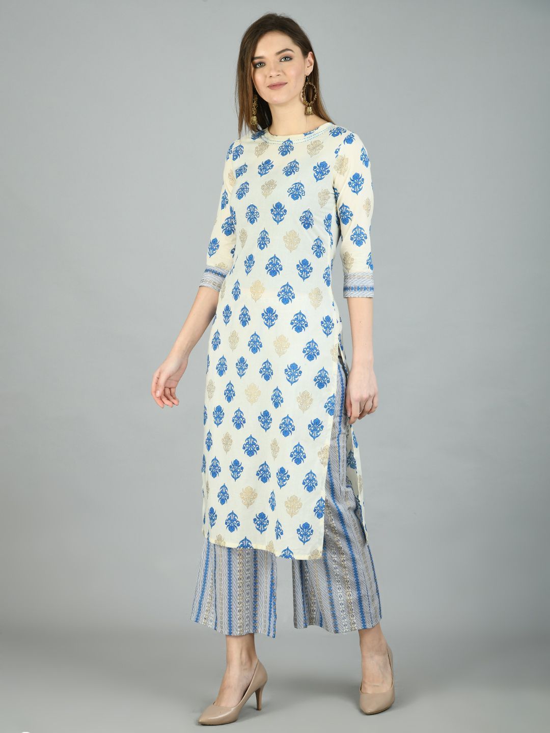 Women's Multi Cotton Printed 3/4 Sleeve Round Neck Casual Kurta Palazzo Set