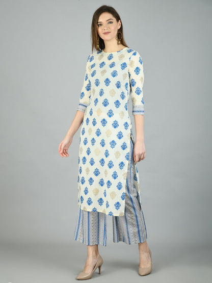 Women's Multi Cotton Printed 3/4 Sleeve Round Neck Casual Kurta Palazzo Set