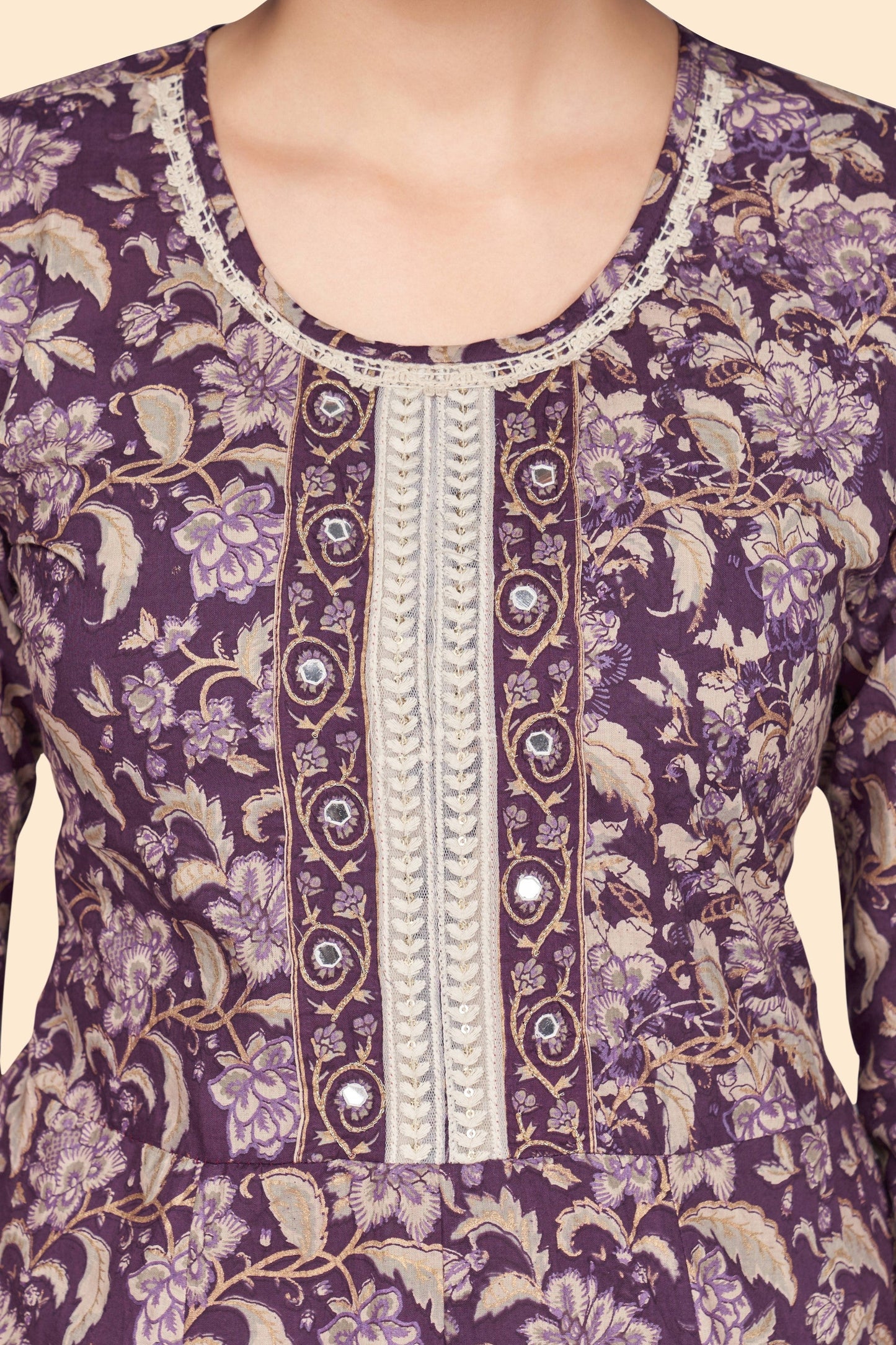Women's Floral Print A-Line Cotton Purple Stitched Kurta