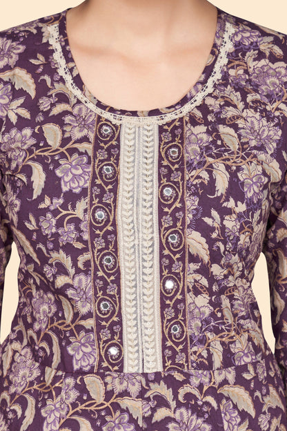 Women's Floral Print A-Line Cotton Purple Stitched Kurta