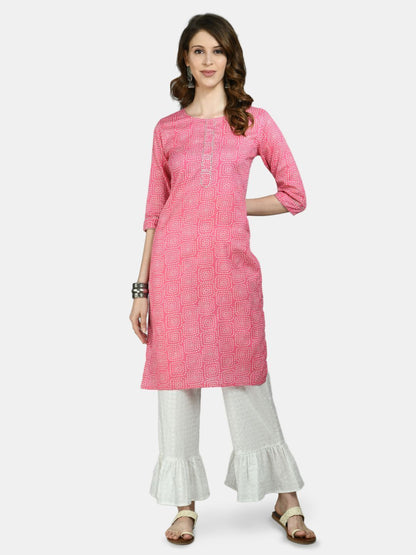 Women's Pink Cotton Printed 3/4 Sleeve Round Neck Casual Kurta Palazzo Set