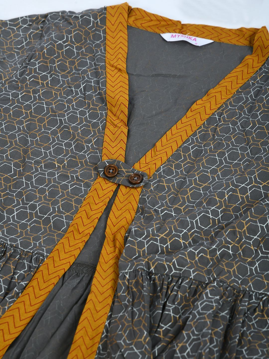 Women's Grey Cotton Printed Full Sleeve V Neck Casual Shrug