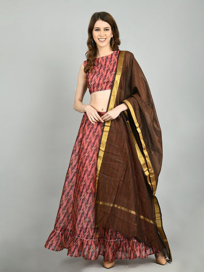 Pink Chanderi Printed Sleeveless Round Neck Casual Blouse Lehenga Dupatta Set