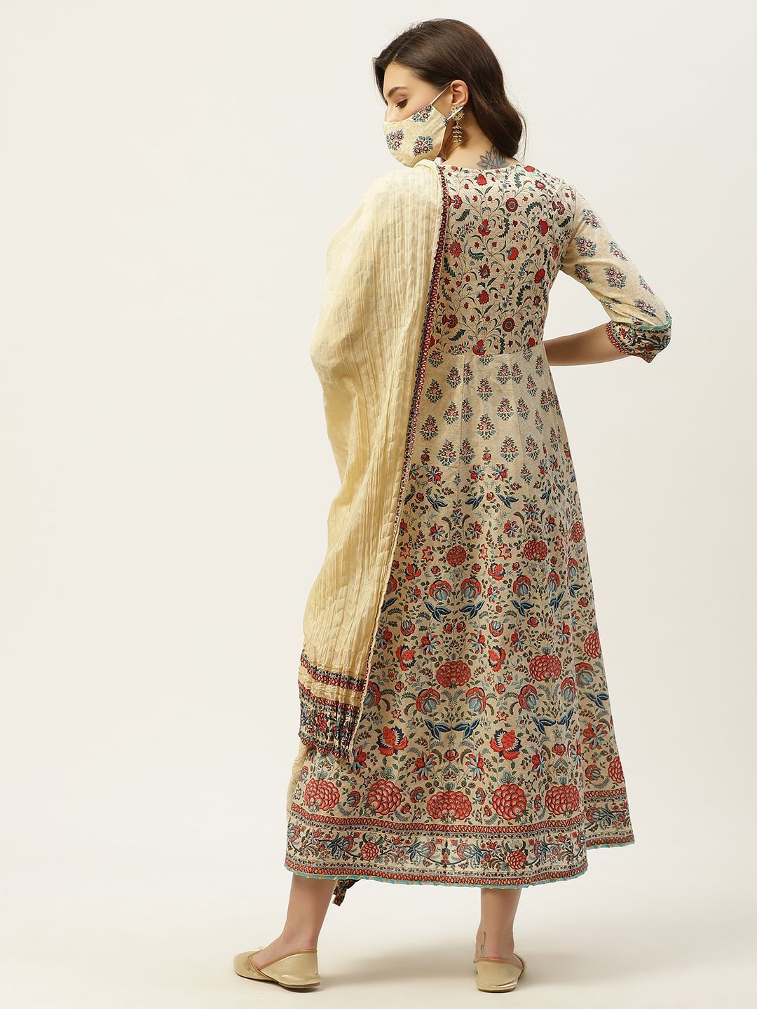 Women's Printed Flared Dress & Dupatta Set with Mask