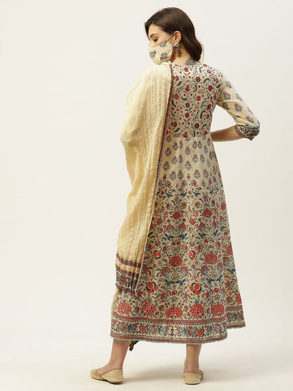 Women's Printed Flared Dress & Dupatta Set with Mask