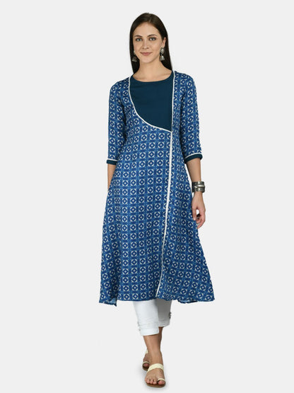 Women's Blue Cotton Printed 3/4 Sleeve Round Neck Casual kurta