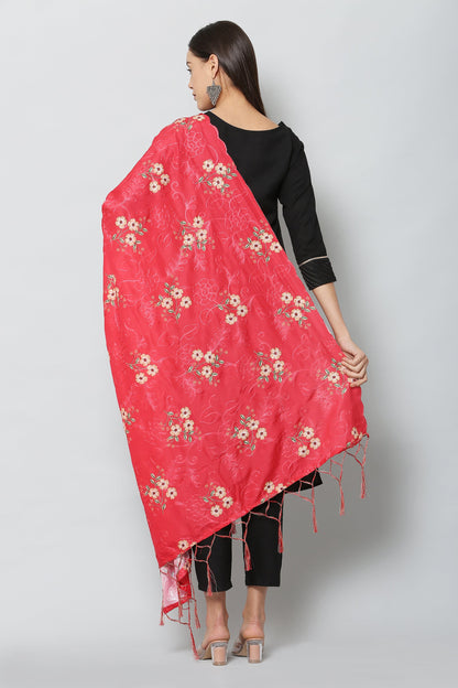 Women's Red Color Art Muslin Embroidery and Digital Printed Dupatta