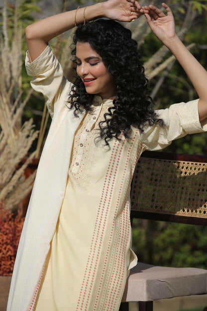 Women's Ivory Rayon Straight Kurta Pant Dupatta Set with Mask1