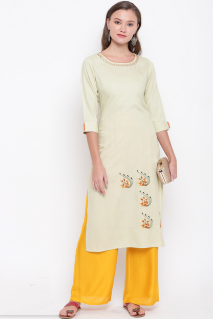 Women's Embroidered/Solid Straight Rayon Light Pista Kurta (1Pc)