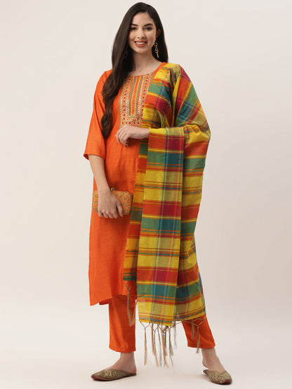 Women's Orange Color Rayon blend Embroidered Straight Kurta Pant With Dupatta