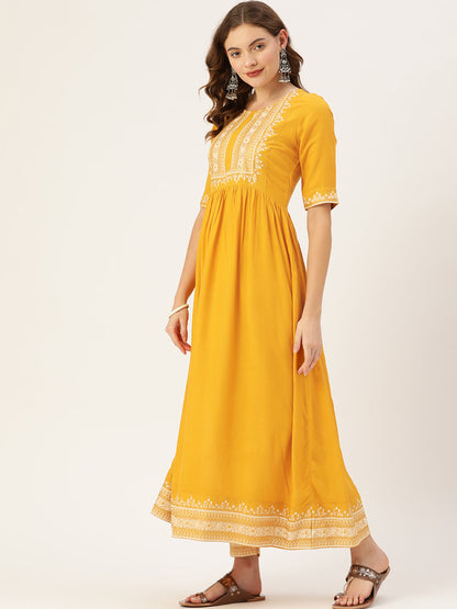 Women's Yellow Rayon Panelled Printed A-Line Kurta Trouser Set With Dupatta
