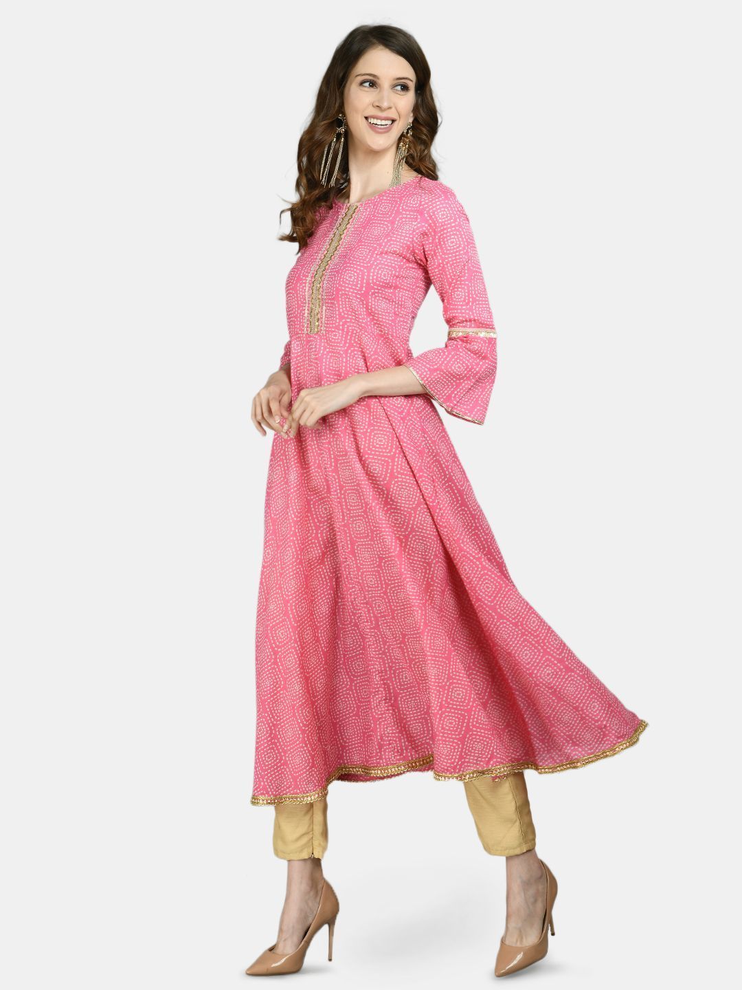 Women's Pink Cotton Printed 3/4 Sleeve Round Neck Casual Anarkali kurta