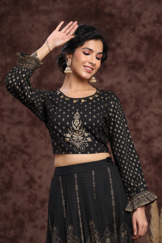 Women's Black Rayon Printed Lehenga Choli Set