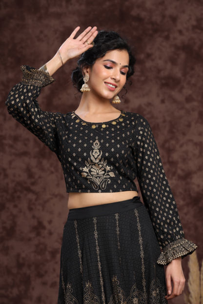Women's Black Rayon Printed Lehenga Choli Set