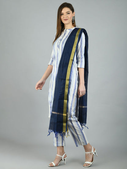 Women's White::Blue Cotton Printed 3/4 Sleeve Mandarin Neck Casual Kurta Pant Dupatta Set