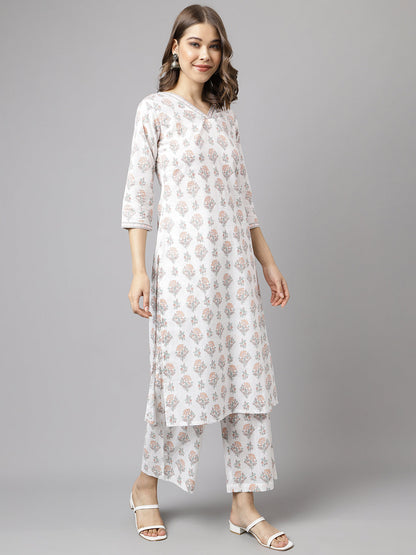 Women's White Cotton A-Line Kurta Palazzo Set