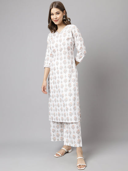 Women's White Cotton A-Line Kurta Palazzo Set