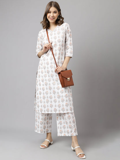 Women's White Cotton A-Line Kurta Palazzo Set