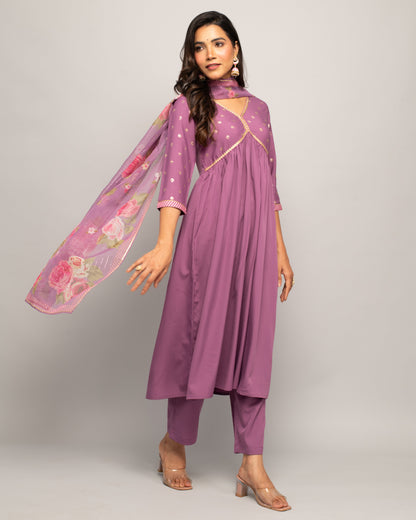 Women's Lavender Creap A-Line Kurta Pant With dupatta