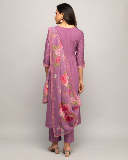 Women's Lavender Creap A-Line Kurta Pant With dupatta
