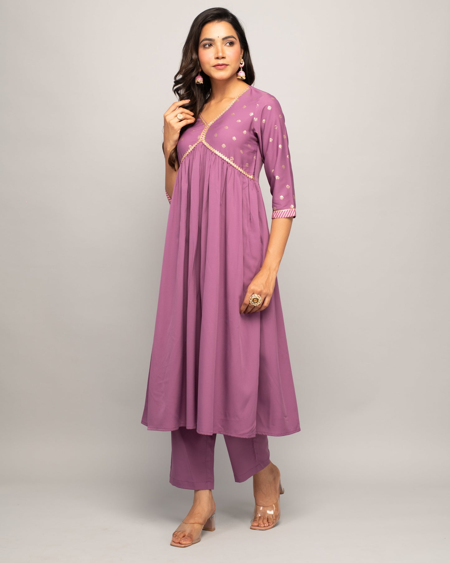 Women's Lavender Creap A-Line Kurta Pant With dupatta