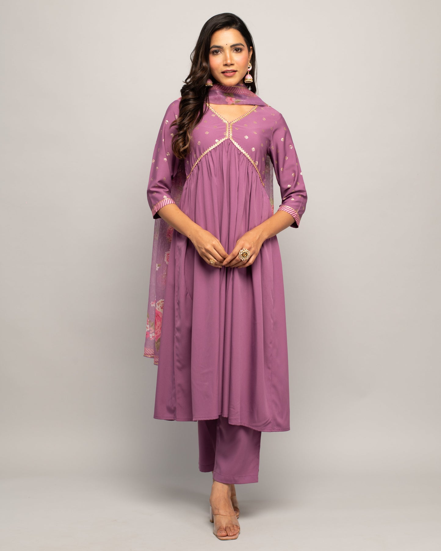 Women's Lavender Creap A-Line Kurta Pant With dupatta