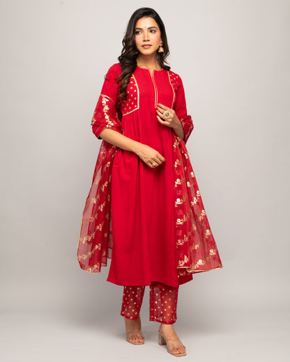 Women's Red Creap A-Line Kurta Palazzo Set with dupatta