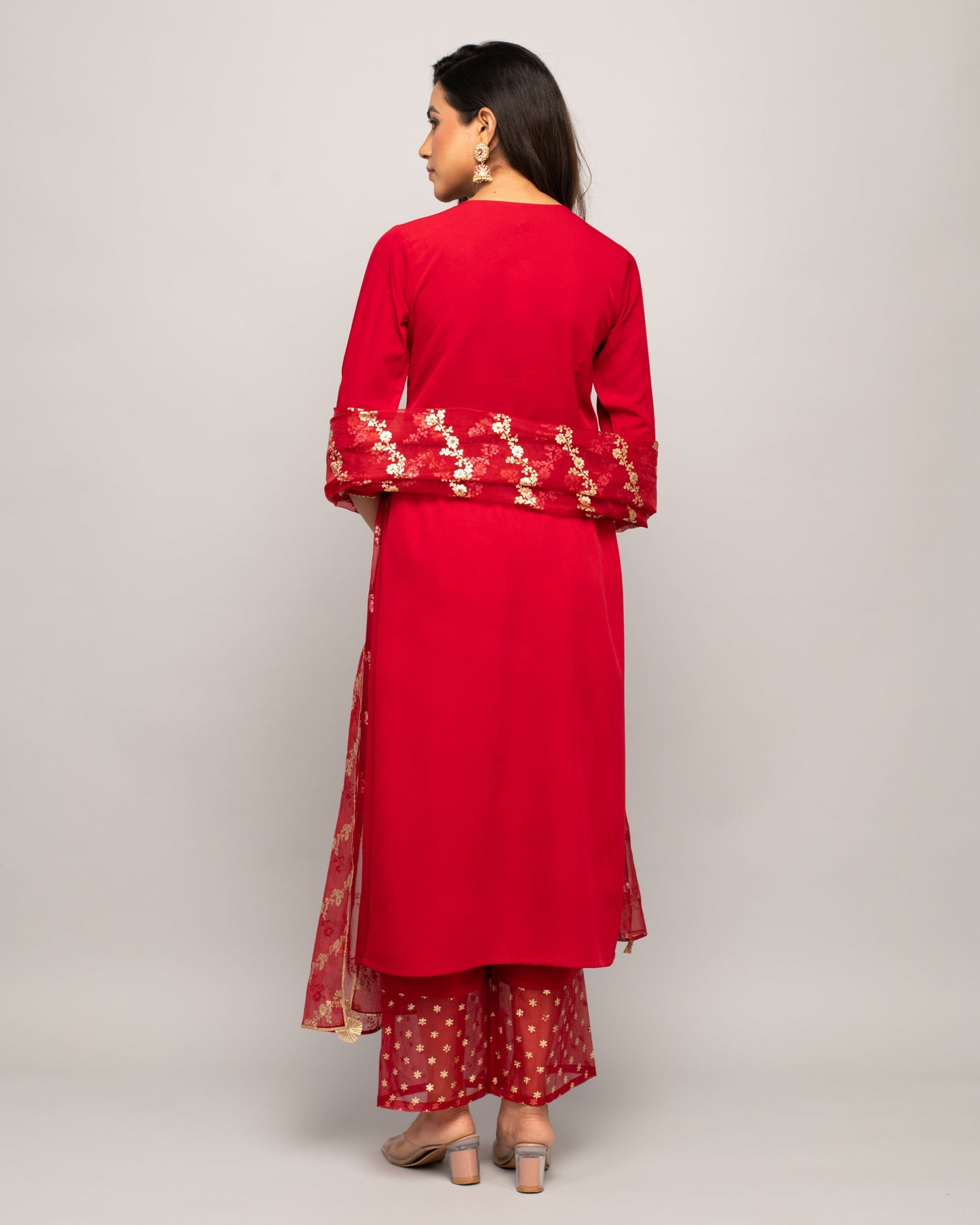 Women's Red Creap A-Line Kurta Palazzo Set with dupatta