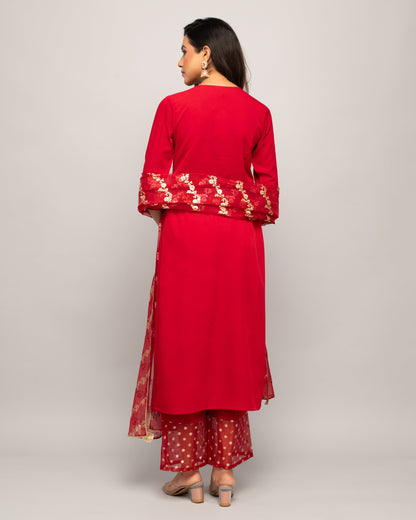 Women's Red Creap A-Line Kurta Palazzo Set with dupatta