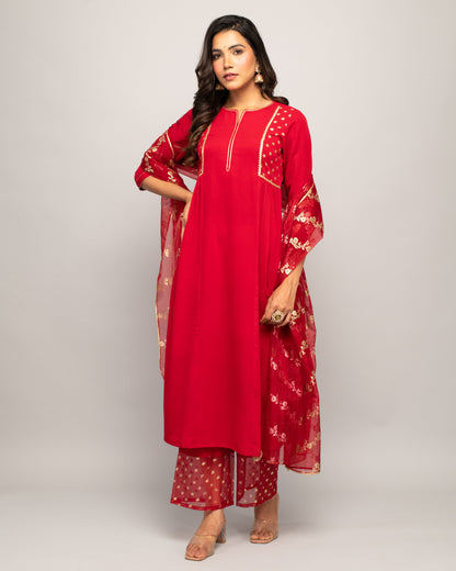 Women's Red Creap A-Line Kurta Palazzo Set with dupatta