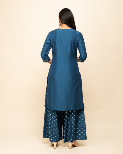 Women's Teal Blue Silk Blend Straight Kurta palazzo set With Dupatta