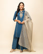 Women's Teal Blue Silk Blend Straight Kurta palazzo set With Dupatta