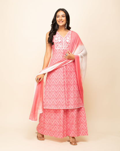 Women's Peach Cotton Straight Kurta Palazzo Set with dupatta